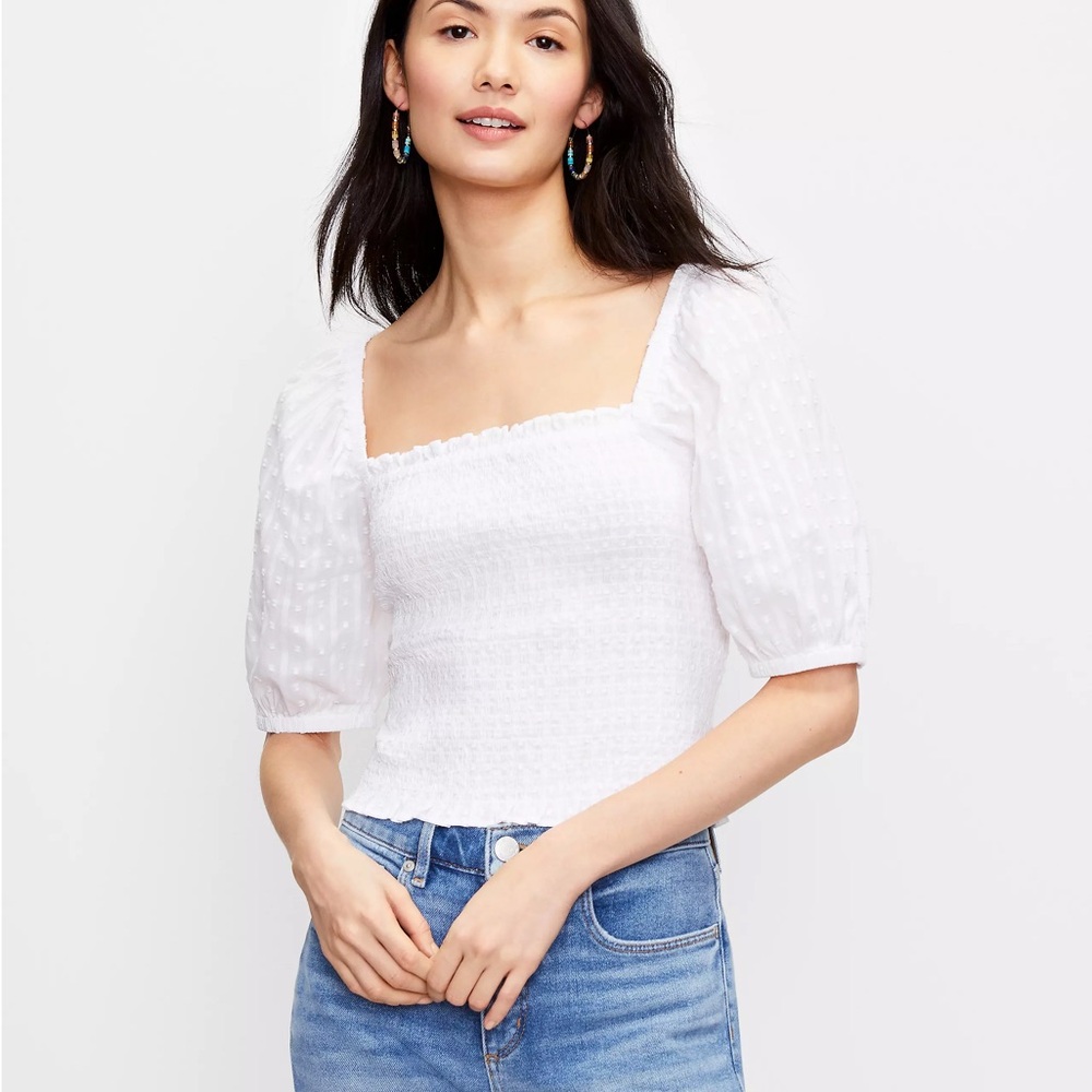 LOFT White Clip Smocked Puff Sleeve Blouse